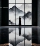  室内人物眺望窗外山水景色6173#竖屏 	 