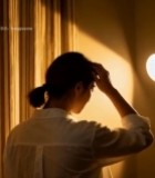  室内女子背对灯光整理头发6018#竖屏 	 