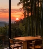  室内窗前木质桌椅观日落景象5423#竖屏 	 