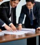  商务人士共同查看图纸451#竖屏 	 