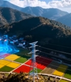  山区彩色农田与输电线路景观4252#竖屏 	 