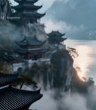  山水间古风楼阁风景7847#竖屏 	 