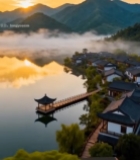  山水间中式建筑晨曦美景346#竖屏 	 