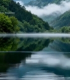  山林间云雾缭绕的湖泊风景703#竖屏 	 