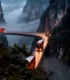  山间悬索桥双巴士行驶景象1763#竖屏 	 