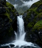  山间瀑布与云雾缭绕山峰3714#竖屏 	 