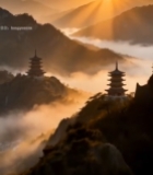  山间日出古塔自然风光1497#竖屏 	 