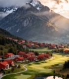  山间红顶村落与高尔夫球场风景4298#竖屏 	 