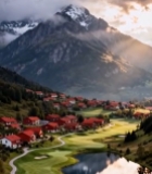  山间红顶村落与高尔夫球场风景(1)6091#竖屏 	 