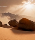  沙漠中阳光下的岩石与沙尘景观2740#竖屏 	 