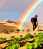  沙漠中男子持杖行走遇彩虹1573#竖屏 	 