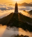 山顶宝塔日出云海景观7835#竖屏 	 