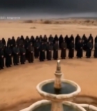  沙漠中众人围喷泉站立27#竖屏 	 