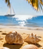  沙滩上的贝壳与海上帆船5977#竖屏 	 