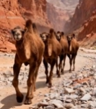  沙漠峡谷中行进的骆驼群(2)5736#竖屏 	 