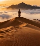  沙漠行者与驼队日落景象2936#竖屏 	 