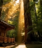  森林中阳光照耀下的古风建筑2836#竖屏 	 