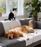  沙发上的猫咪与趴卧的金毛犬1201#竖屏 	 