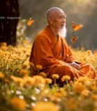  僧人静坐于花丛中引蝴蝶环绕6496#竖屏 	 