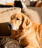  沙发上的猫咪与金毛犬1529#竖屏 	 