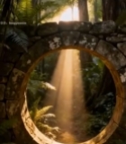  森林中石拱门与穿透光束景观4683#竖屏 	 