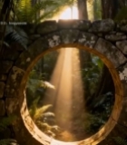  森林中石拱门与穿透光束景观4683#竖屏 	 