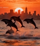  日落时海豚跃出海面城市背景2886#竖屏 	 