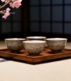  日式茶室茶具与樱花枝特写7329#竖屏 	 