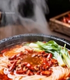  热汤浇淋红油面条特写5789#竖屏 	 