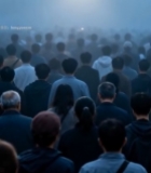  人群在雾中聚集的场景6022#竖屏 	 