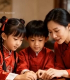  亲子穿汉服共同制作传统物件6116#竖屏 	 