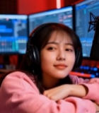  女生戴耳机坐麦克风前2666#竖屏 	 