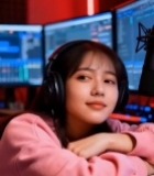  女生戴耳机坐麦克风前2666#竖屏 	 