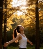  女子森林中舒展双臂沐浴阳光1907#竖屏 	 