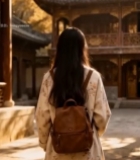  女子于古建庭院赏秋景5954#竖屏 	 