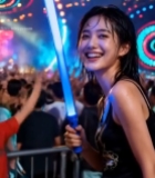  女子手持荧光棒于夜场中微笑6114#竖屏 	 