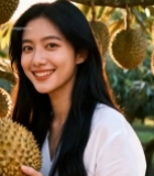  女子手持榴莲站在榴莲树旁630#竖屏 	 