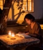  女子户外烛光下看书场景2335#竖屏 	 