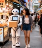  女子与机器人街头同行1052#竖屏 	 