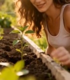  女子田园俯身观察植物984#竖屏 	 