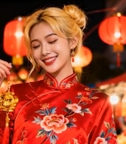  女子穿旗袍持挂件于灯笼夜市6662#竖屏 	 