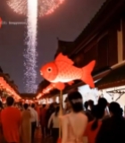  女子持鱼形灯笼走在节日街道3361#竖屏 	 