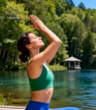  女子户外湖边做瑜伽5474#竖屏 	 