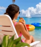  女子海滩躺椅上休闲看海1701#竖屏 	 