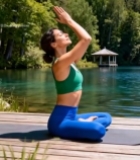  女子湖畔木板上做瑜伽3964#竖屏 	 