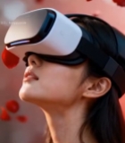  女性佩戴眼镜体验虚拟现实(3)7034#竖屏 	 