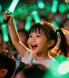  女孩手持荧光棒在观众席欢呼2193#竖屏 	 