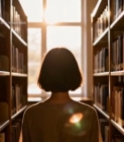  女孩在图书馆书架间背影3575#竖屏 	 