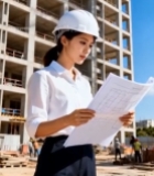  女工程师工地查看建筑图纸965#竖屏 	 