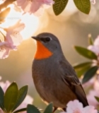  鸟儿栖息于盛开的粉色花朵间1287#竖屏 	 